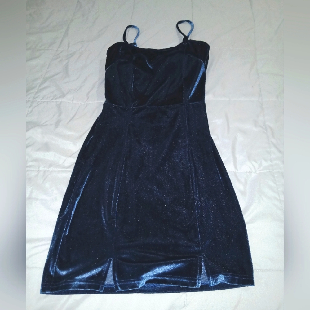 Blue Spaghetti Strap Mini Dress Size Small Velour - Picture 5 of 8